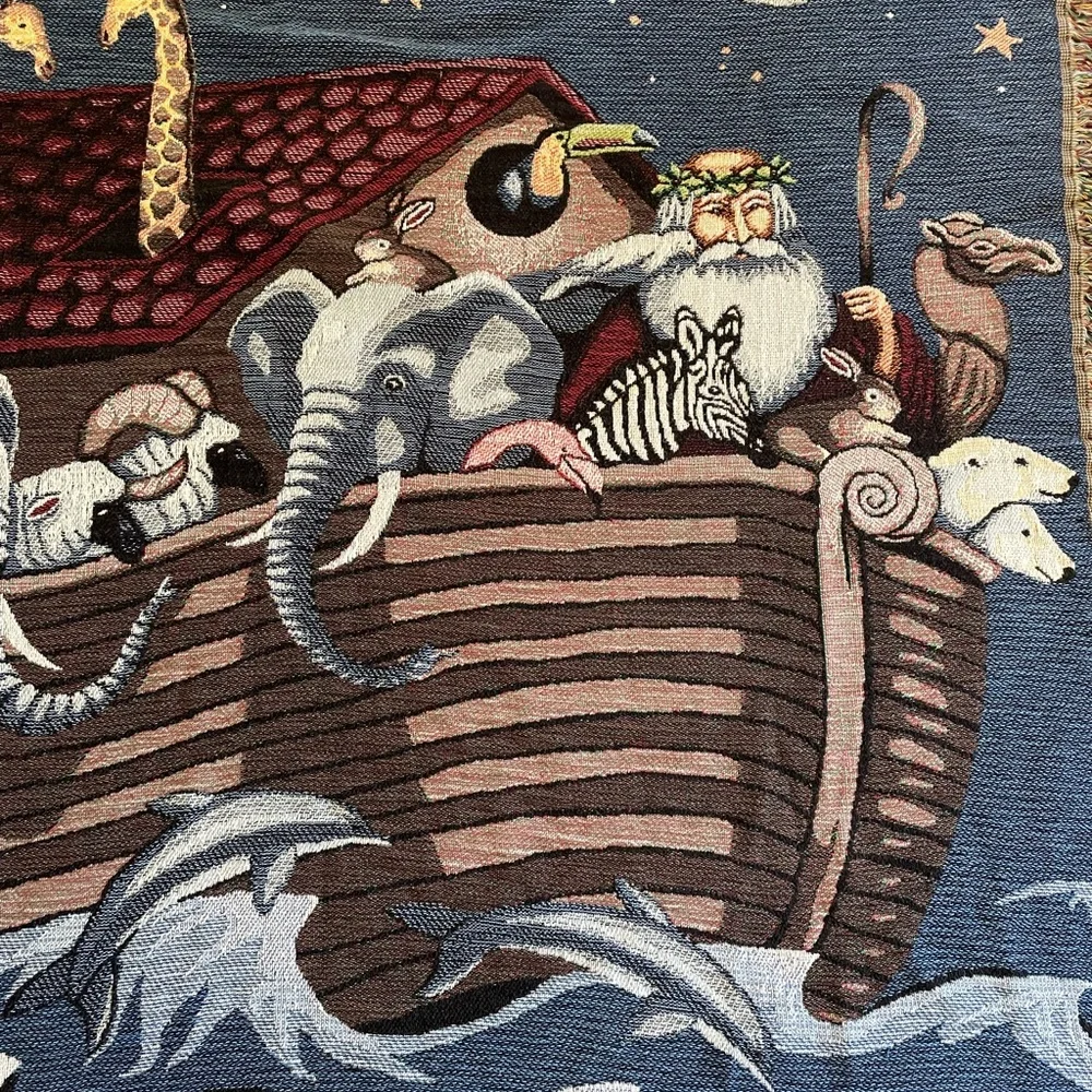 Vtg Woven Throw Blanket Noahs Ark Animals Fringed 65”x50”